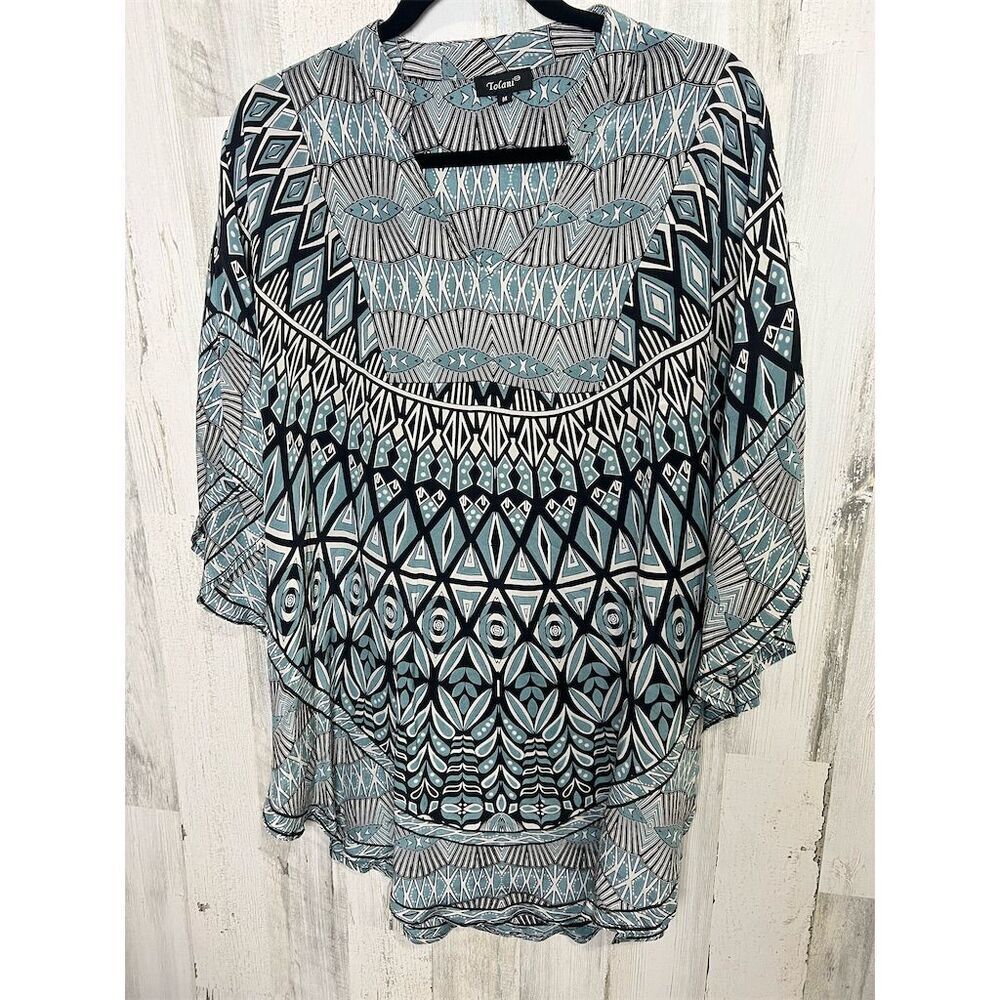 Tolani Women's Blue Geometric‎ Silk Tunic Blouse Size M